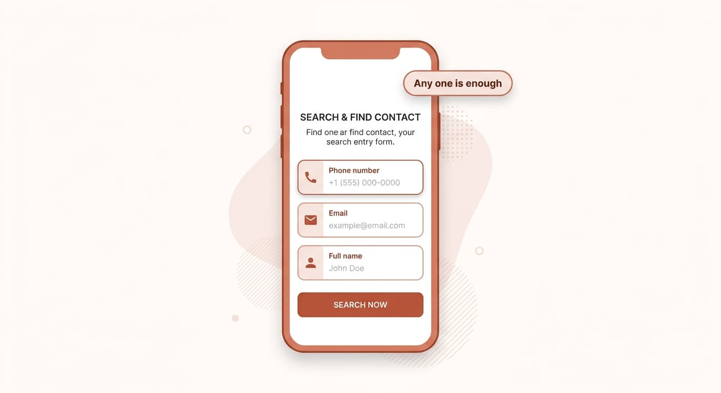 Infographic showing a phone number, email, and name entry form with a stat card reading 'Any one is enough to start'